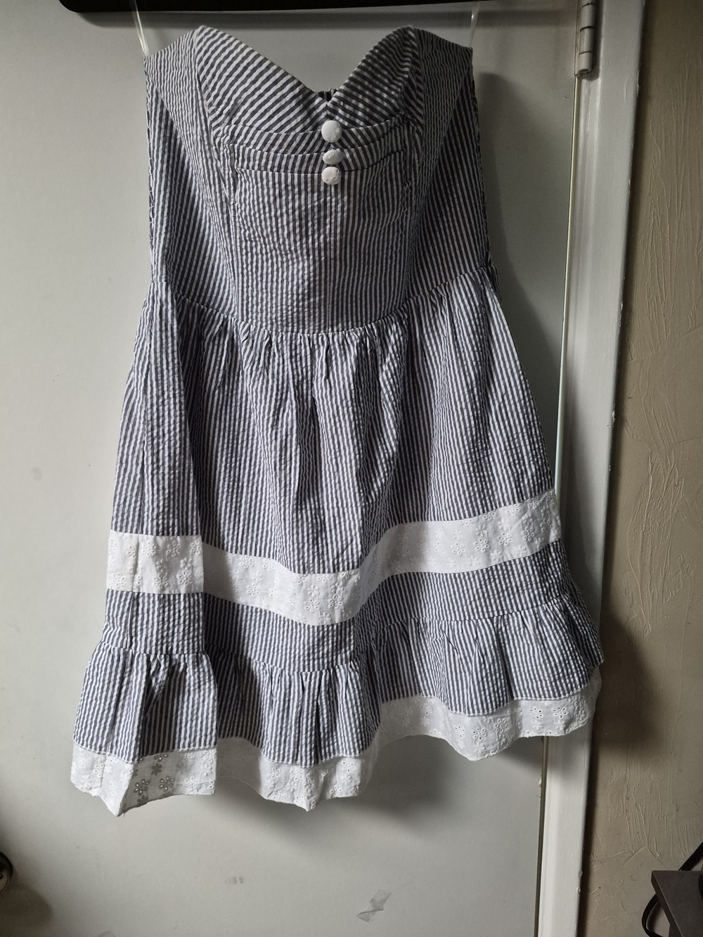 Striped Blue and White Eyelet Hem A-Line strapless dress